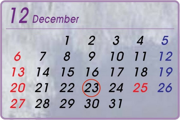 2009年12月カレンダー（赤色○印：日本の休日 赤色数字：韓国の休日